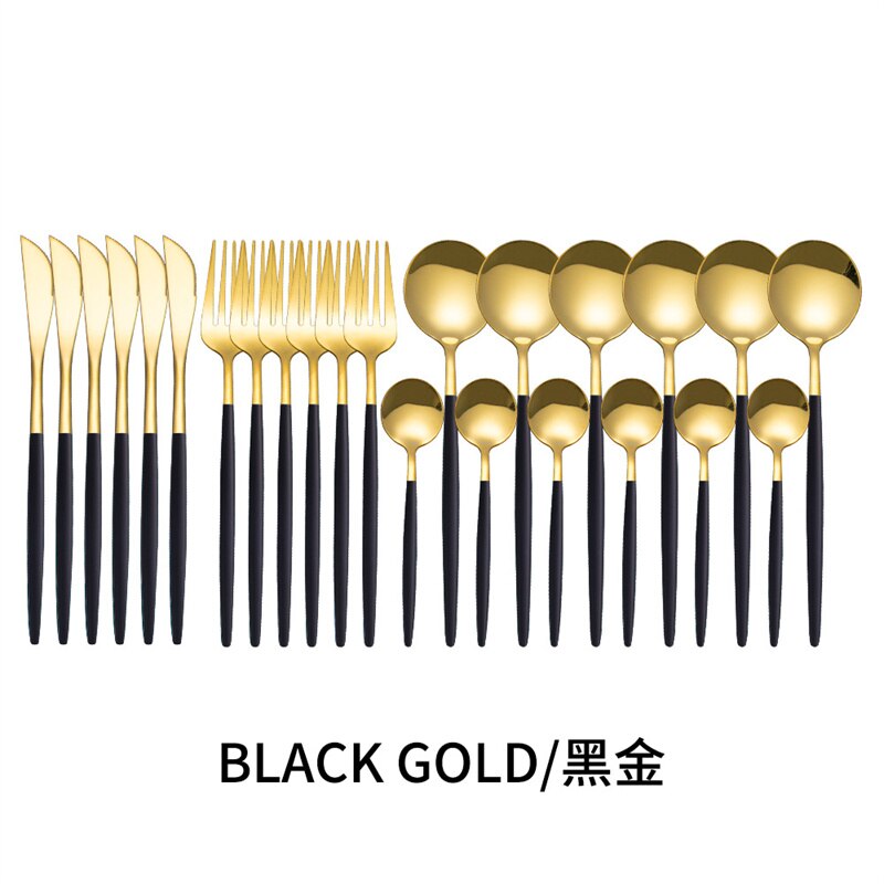 Couverts en acier inoxydable, 24 pièces, service de table, cuillère, couteau, fourchette, couteau, portugais occidental: BlackGold