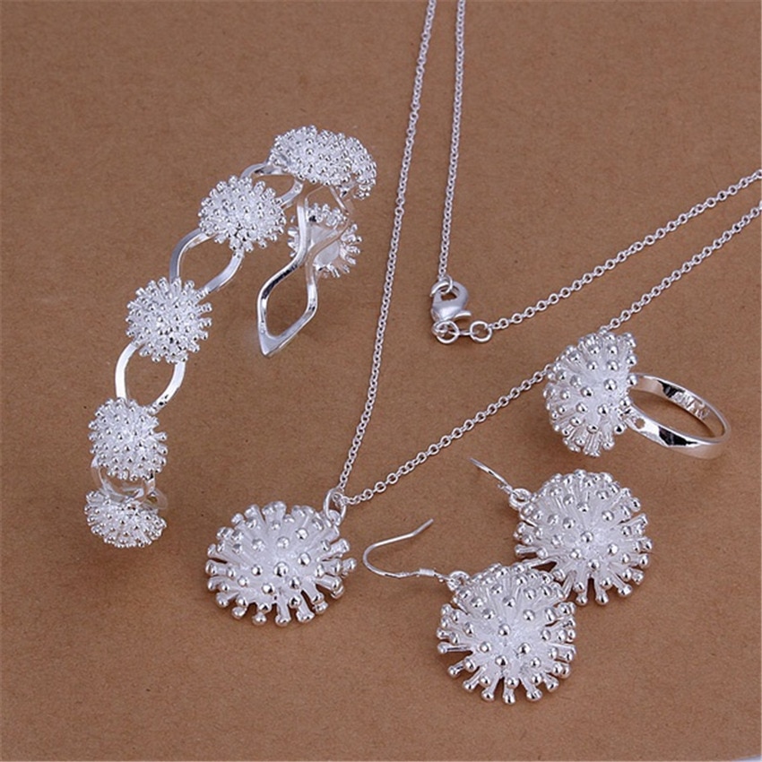 Neue silber farbe schmuck set exquisite charme feuerwerk anhänger halskette armreifen Ohrringe ring S329