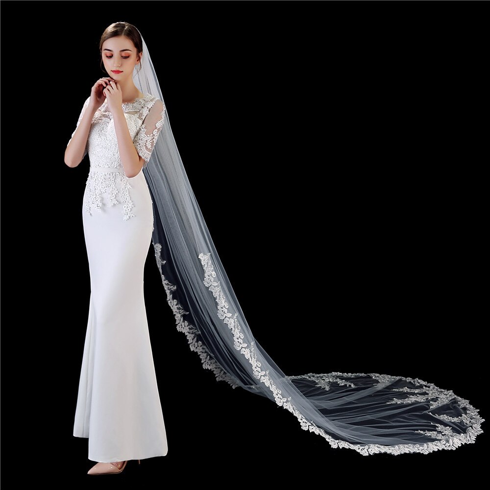 Bridal Veils Mrs Win Wedding Dress With Comb Lace Edge One-layer Appliqued 3m Cathedral Veil