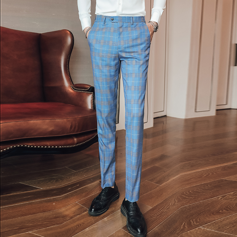Brand Lake Blue Dress Pants Men Spring Autumn Formal Pants For Men Mens Plaid Pants Slim Fit Office Trousers P16