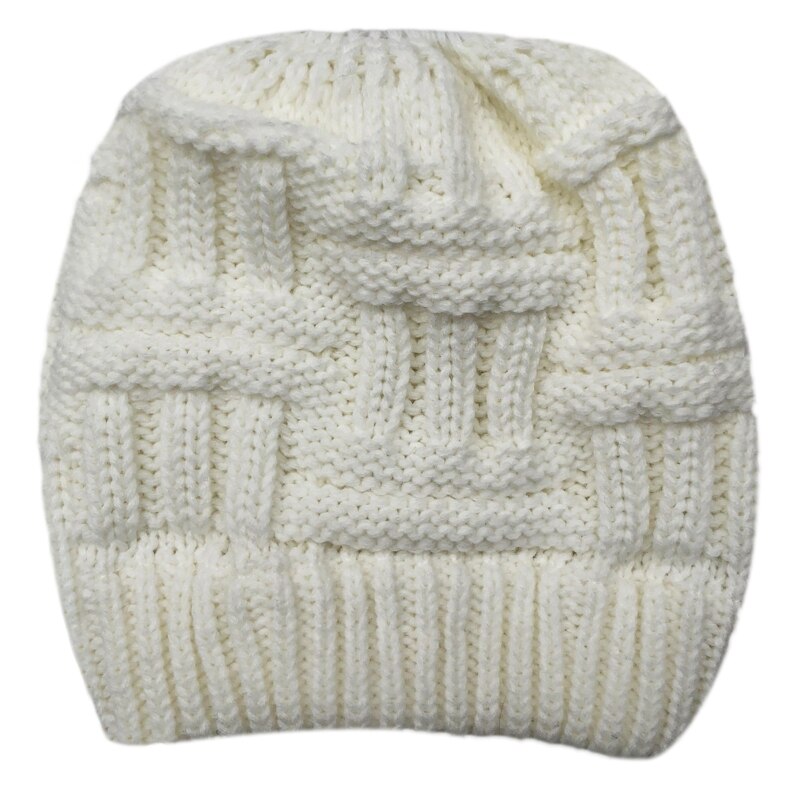 Women Winter Chunky Plaid Crochet Knitted Beanie Hat with Ponytail Hole High Messy Bun Solid Color Stretch Snow Ski Skull Cap: White