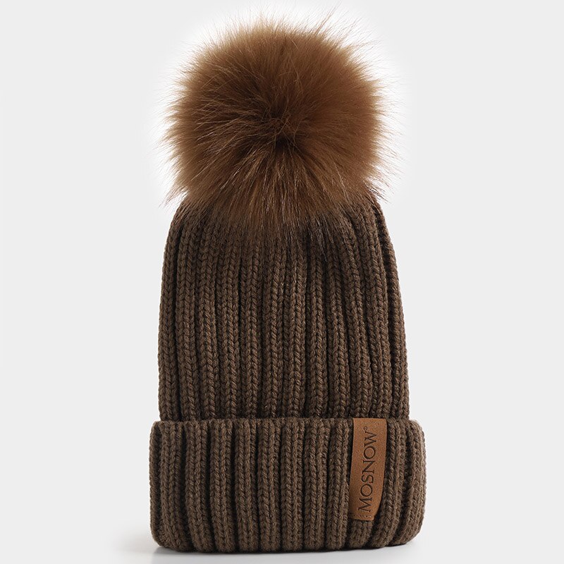 neue Winter frauen Hütte Acryl Bommel Mützen Wärme Ski Kappe Mädchen Hütte Weiblichen Kappe Skullie Künstliche Pompons Hütte: Kaffee