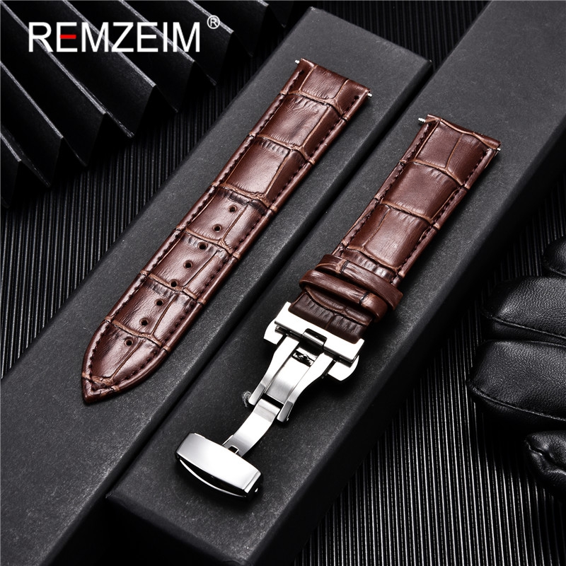 Pulseiras de couro de bezerro genuíno negócios substituir pulseira de relógio 18mm 20mm 22mm 24mm com fivela borboleta pulseira de relógio de pulso: Preto / 22 milímetros
