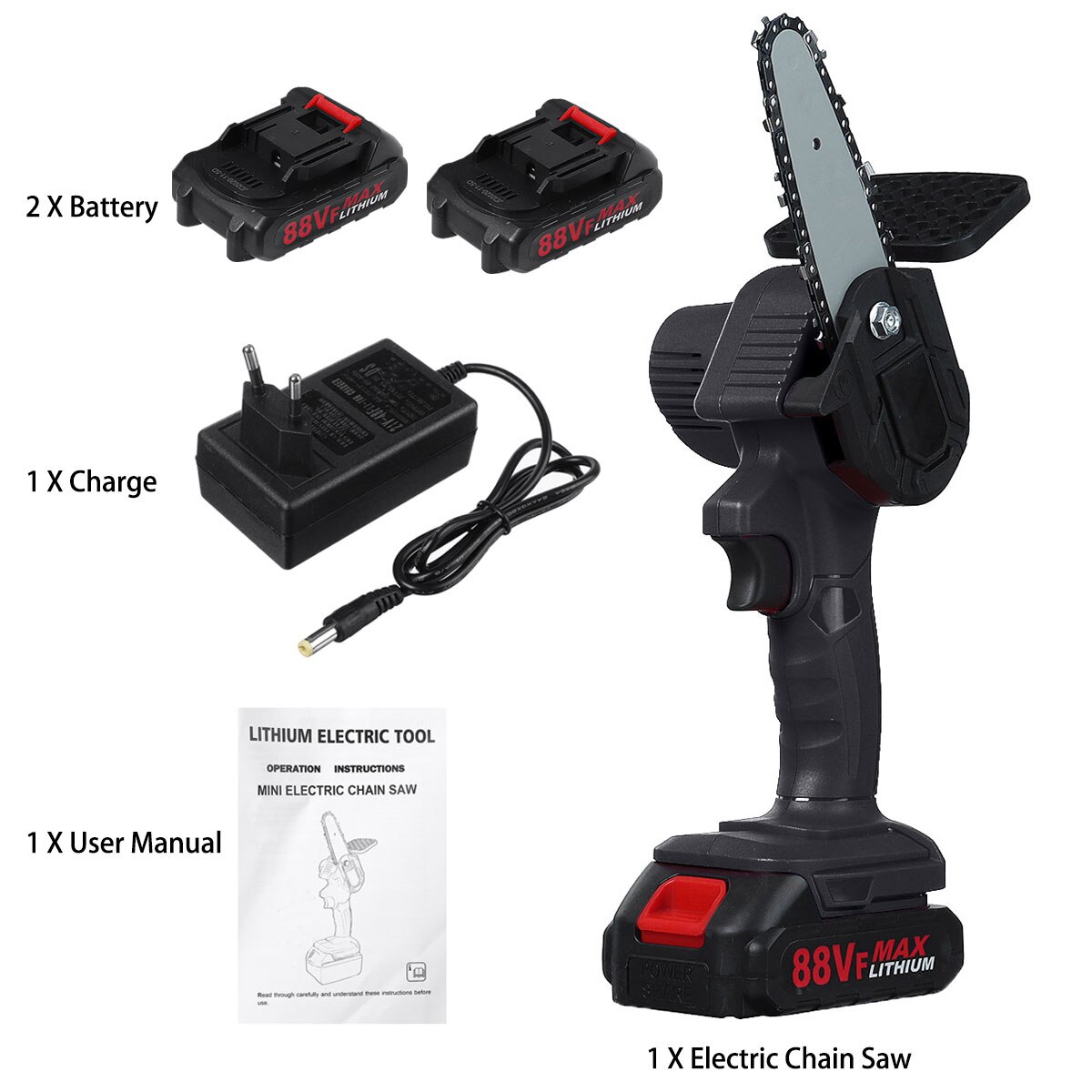Mini sierras de cadena eléctricas 88VF, motosierra de poda, sierra de corte para árboles de jardín inalámbrica, para cortar madera con batería de litio: Black 2 Battery