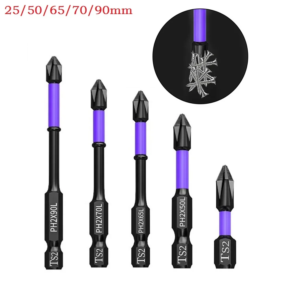 1pc ph2 magnetiske skrutrekkere med batchhode og krysshardhet, slagbor, 25/50/65/70/90/150mm sklisikre skrutrekkerbits