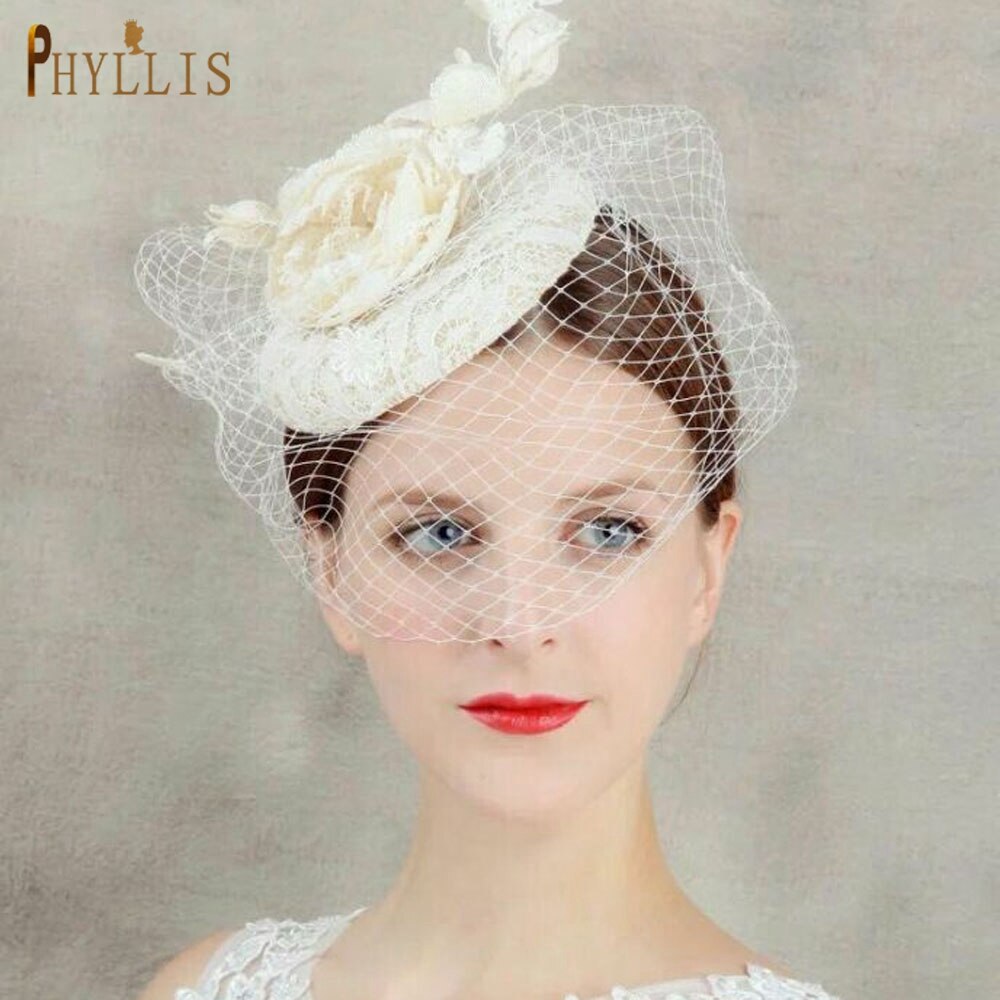 JM04 Luxury Lace Flower Tulle Birdcage Veil Headpiece Fascinator Hat Mini Wedding Bride Hat Blusher Veil Short Veil