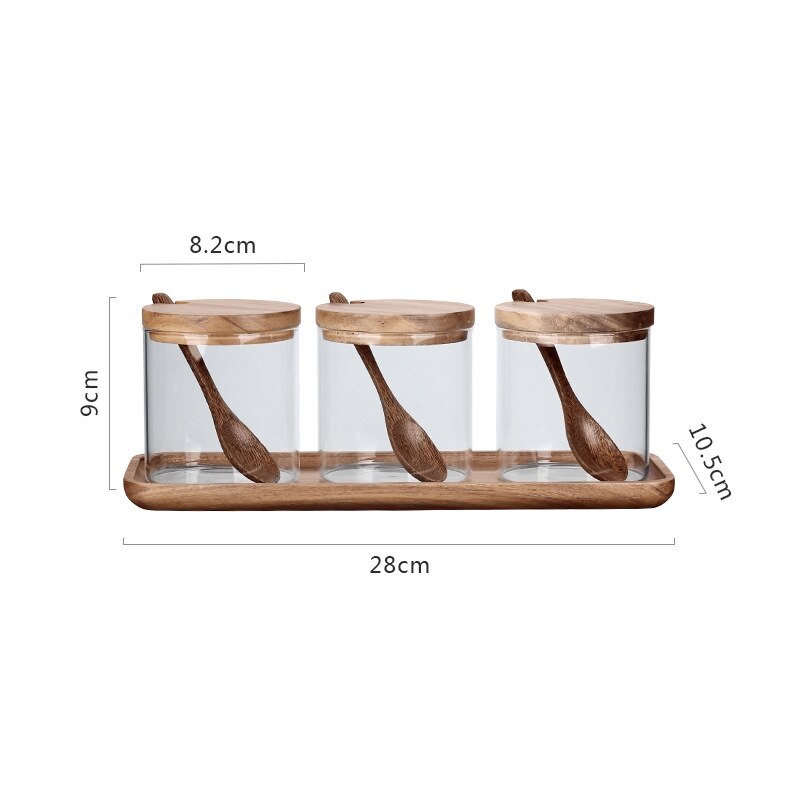 Seasoning box set Transparent glass seasoning jar three-piece kitchen wooden salt shaker sugar bowl with spoon base: E