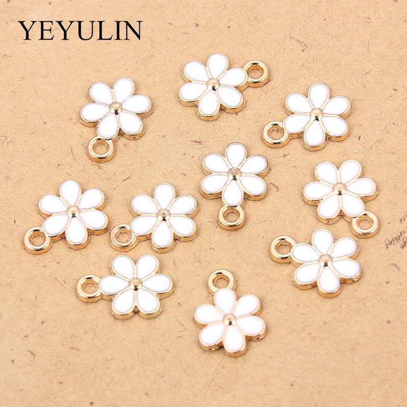 10PCs Gold-Ton Emaille Weiß Blume Charms Anhänger Öl Tropfen Für Frauen DIY Schmuck Ohrringe Halskette Zubehör