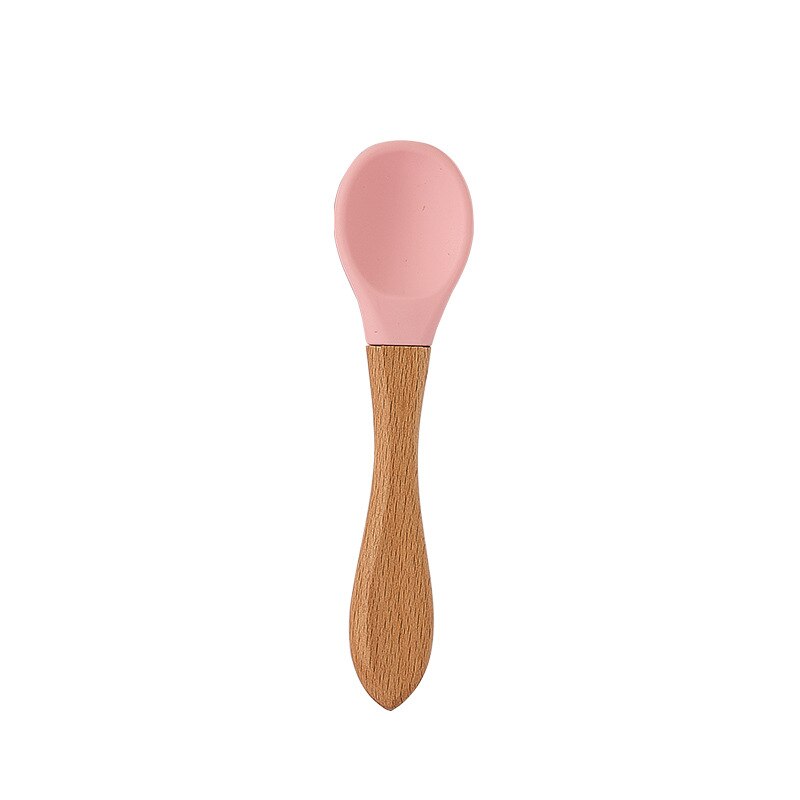 Feeding Wooden Handle Silicone Spoon For Baby Utensils Eat Soild Food Kids Training Manipulative Ability Children's Tableware: E219460