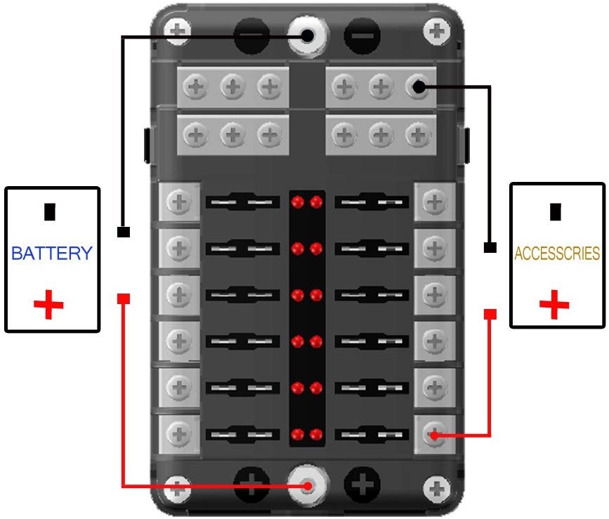 12-Way Fuse Block W/Negative ATC/ATO Fuse Box With Ground, LED Light Indicator & Protection Cover, Bolt Connect Terminal