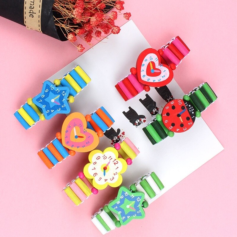 3pcs/lot Wooden Wristwatches Nice Cartoon Crafts Bracelet Watches Handicrafts Toys for Kids Learning &amp; Education Party Favors