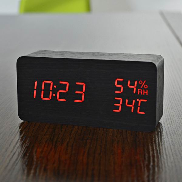 FiBiSonic Modern Simple LED Alarm Clock Temperature Humidity Show Clock Desktop Electronic Sound Control Digital Clocks Table De: black red