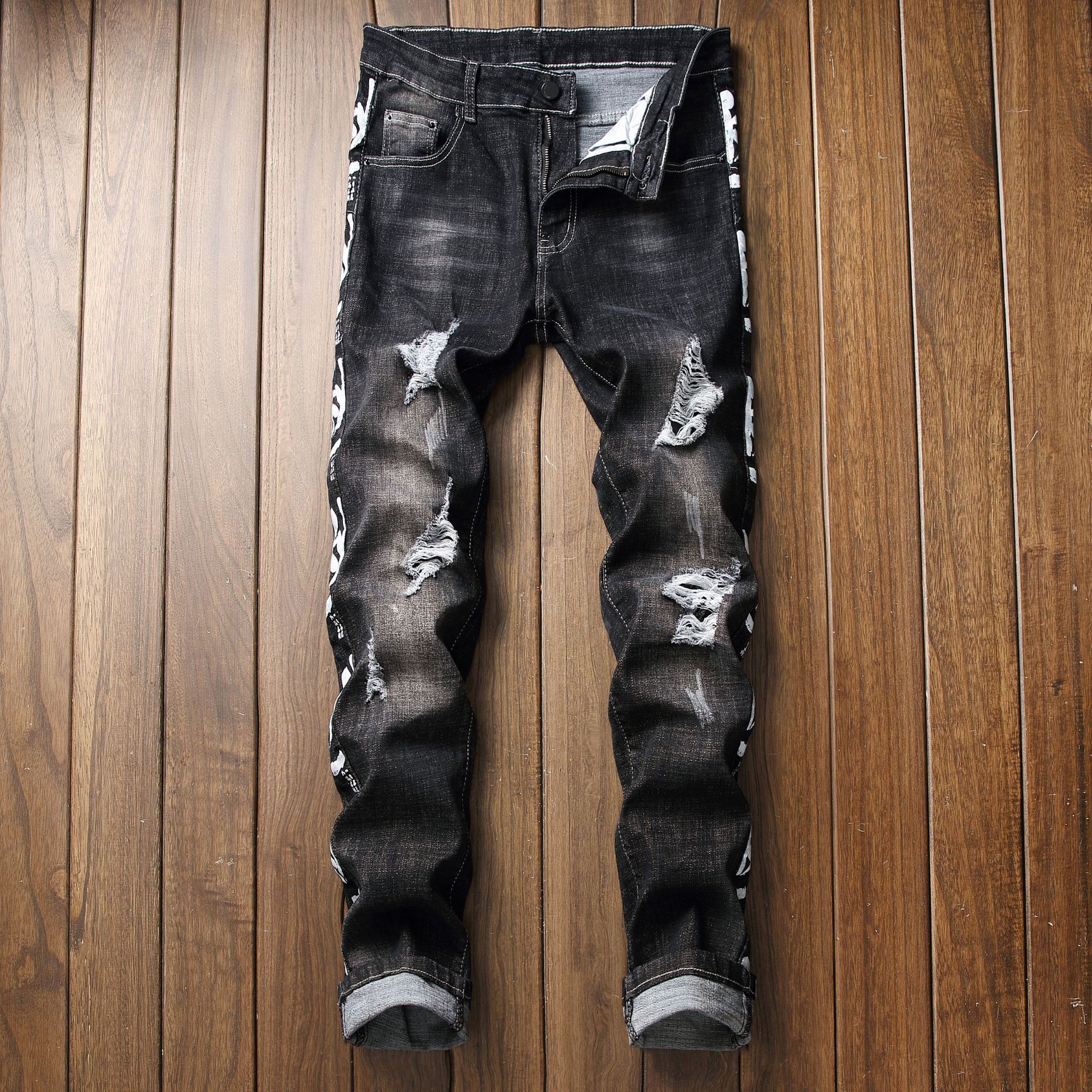 Herr streetwear slitna jeans hål stretchtryckta jeansbyxor för män långa klassiska slim fit byxor för herrkläder