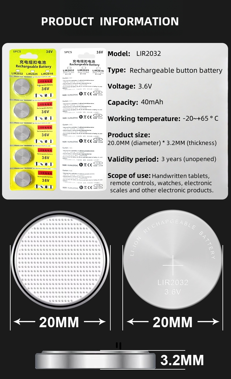 2-50PCS LIR2032 Conveniently Rechargeable Battery 2032 Lithium charging Can Replace 3.6v 40mAH CR2032 for watches Coin Battery