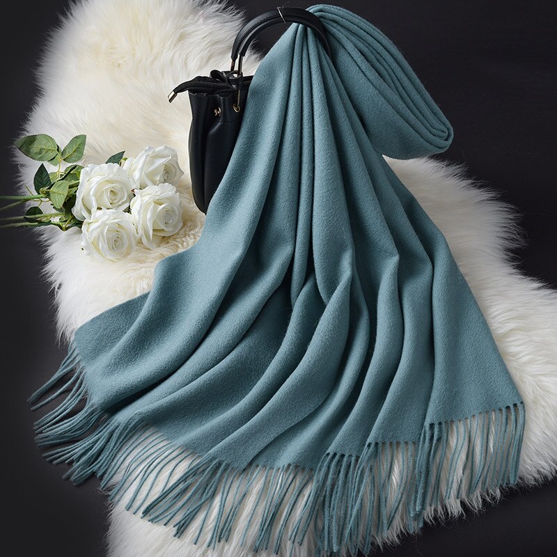 Vinter uld tørklæde til damer tyk echarpe wraps med kvast foulard femme halsvarmer kvinder grønne kashmir tørklæder: Mørkeblå