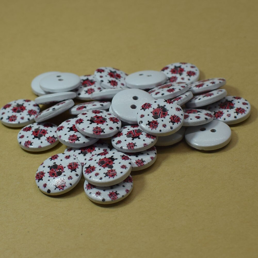 50PCS Ladybug Painting Wooden Buttons Sewing Clothes Boots Coat Accessories 2 Holes Wood Button for DIY Scrapbooking Decorative