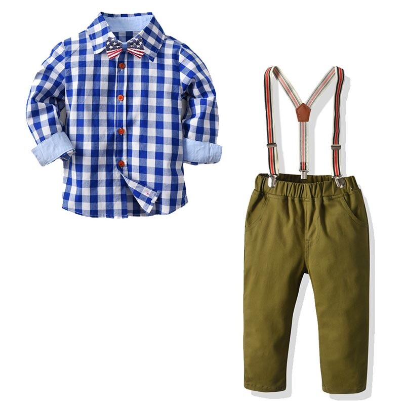 Conjuntos de ropa de caballero para niños, camisas de manga larga con estampado a cuadros, pantalones de un solo pecho, trajes para niños, 2 uds.: 6T (130)