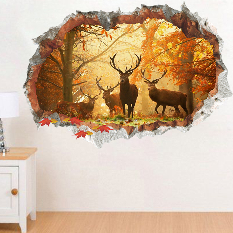 Pared rota 3D ciervo alce bosque pegatina de pared de sala de estar extraíble para la decoración del hogar, pegatinas de fondo, pegatinas de paisaje artístico