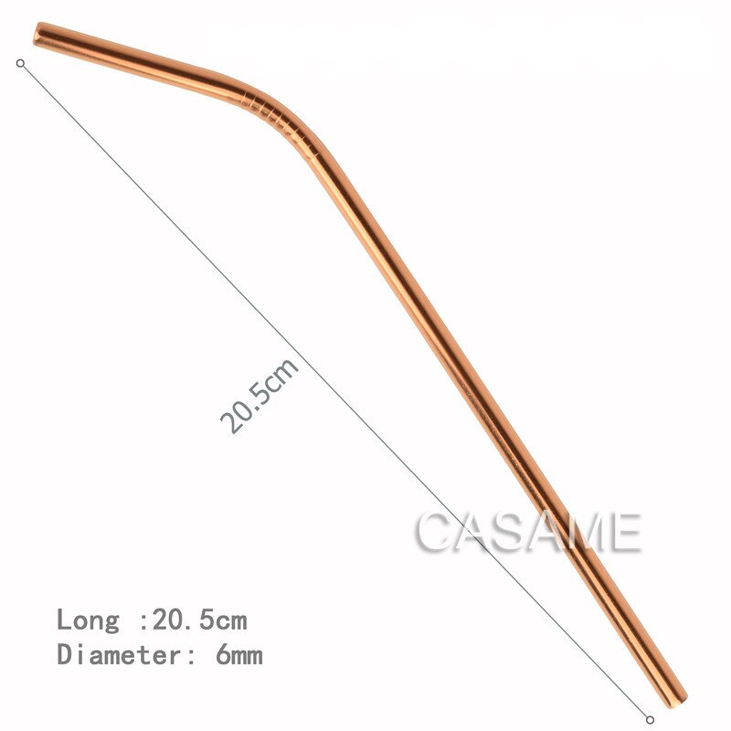 Pailles réutilisables en acier inoxydable, 6 pièces, pailles en métal doré de alimentaire, ensemble de brosses pour fête juteuse,: Rose gold Bent Straw