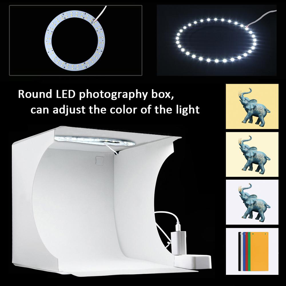 PULUZ Photography Lightbox Foldable Photo Round LED Lamp Studio Box Photo Shooting Tent Kit With 6 Color Backdrops