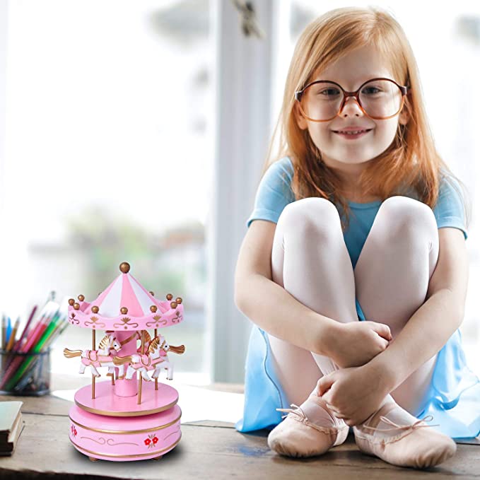 Merry Go Round Music Box Geometric Baby Room Decoration Unisex Wooden Christmas Horse Carousel MusicBox birthday ado