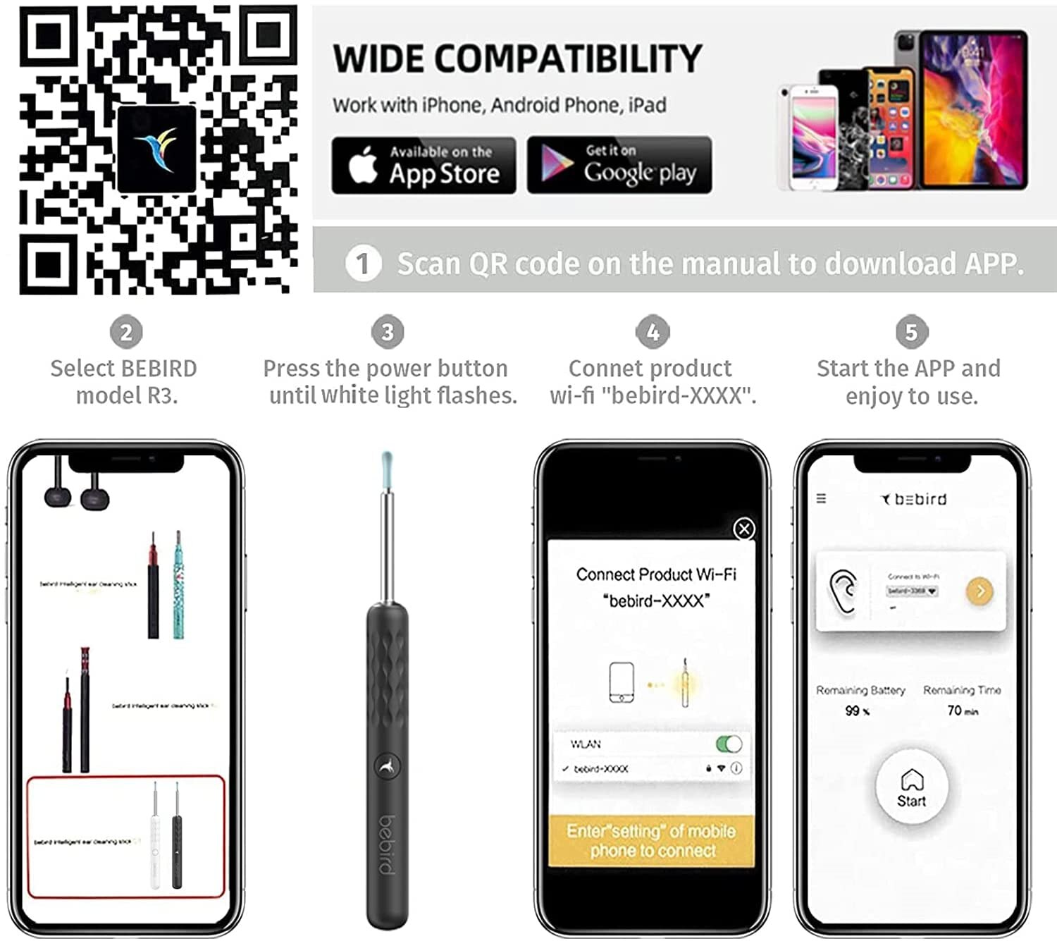 Bebird R3 R1 Visual Ear Cleaning Tool Minifit 300W High Precision Wax Removal Mini Camera Otoscope Health Care Ear Cleaner