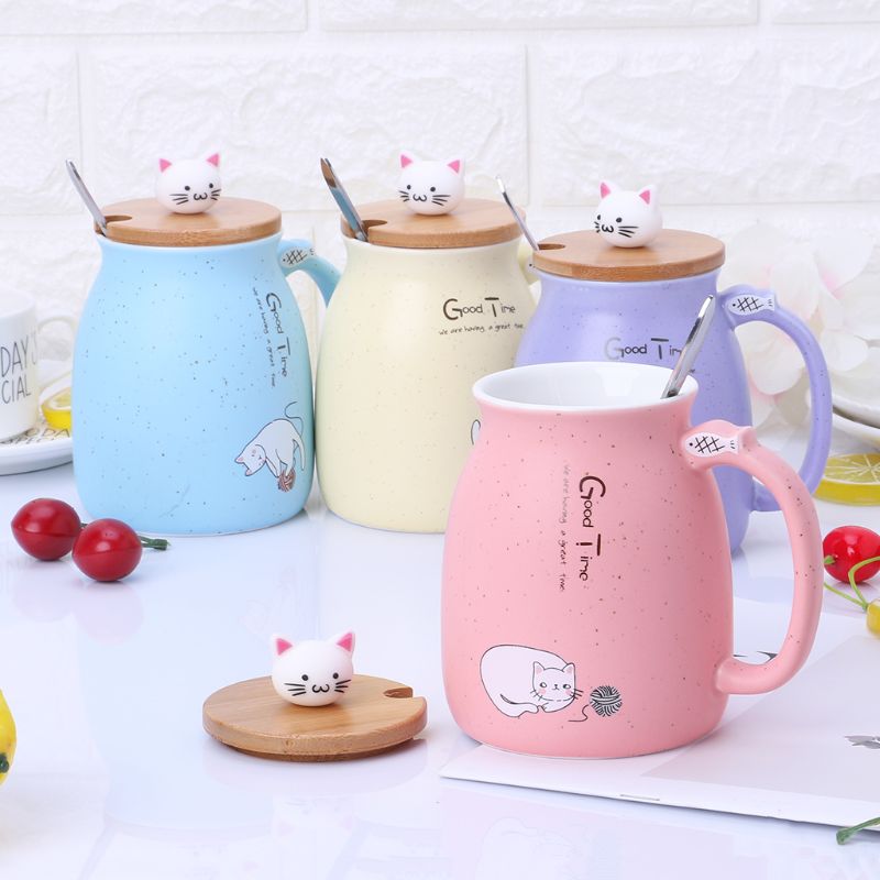 420ml Cat Ceramic Mug Heat-resistant Cup With Spoon Lid Drinkware Children Cartoon with Lid Milk Cup