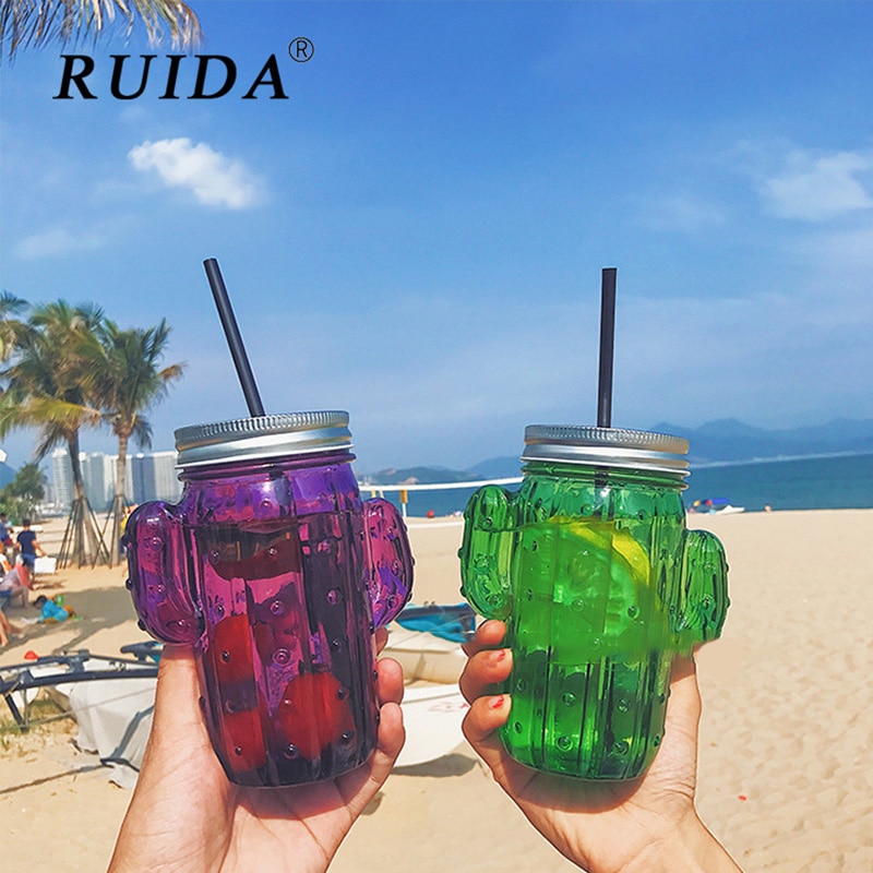 Ruida liten färsk kaktus form halm glas kopp hög temperatur resistent frukt tekopp sommar transparent glas kopp