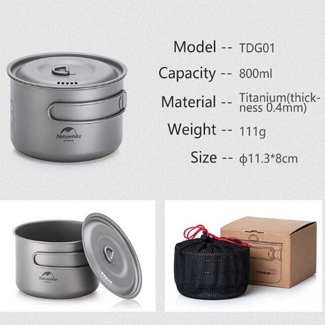 Naturehike udendørs køkkengrej titanium gryde pande ultralet camping 83-116g pande 0.8-1.3l gryder rejse picnic service udstyr: 800ml- titanium gryder