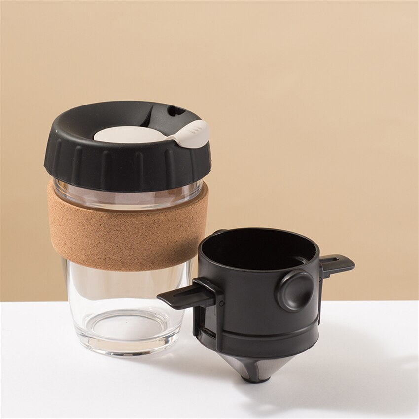 Glas kaffekop rustfrit stål filter sæt kombination af hånd kaffe dispenser hånd i hånd for at udvikle bærbar kop boks: Sort