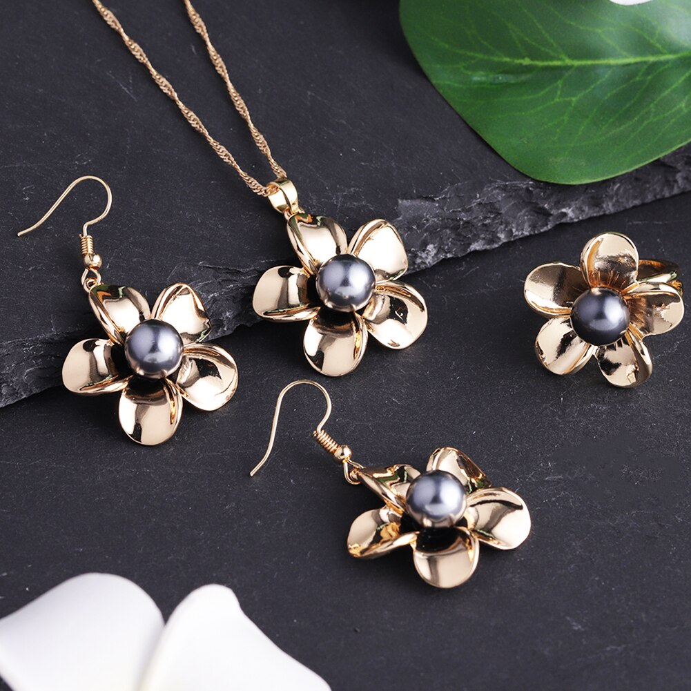 Cring Coco Plumeria Rubra Sieraden Sets Vergulde Parel Ring Oorbellen En Kettingen Vrouwen Mode Ketting Kettingen Set
