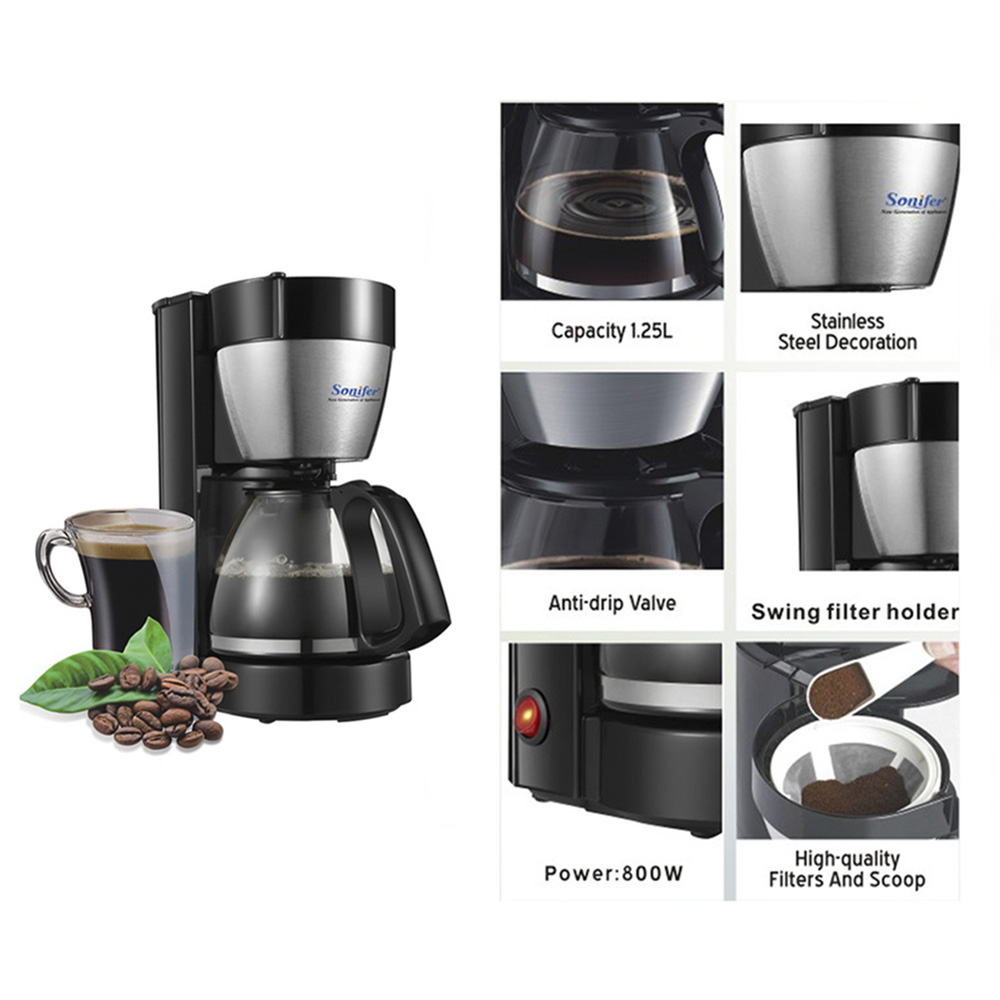 1.25L Electric Drip Coffee Maker Household Large Coffee Machine 12 Cup Tea Coffee Pot 220V Sonifer