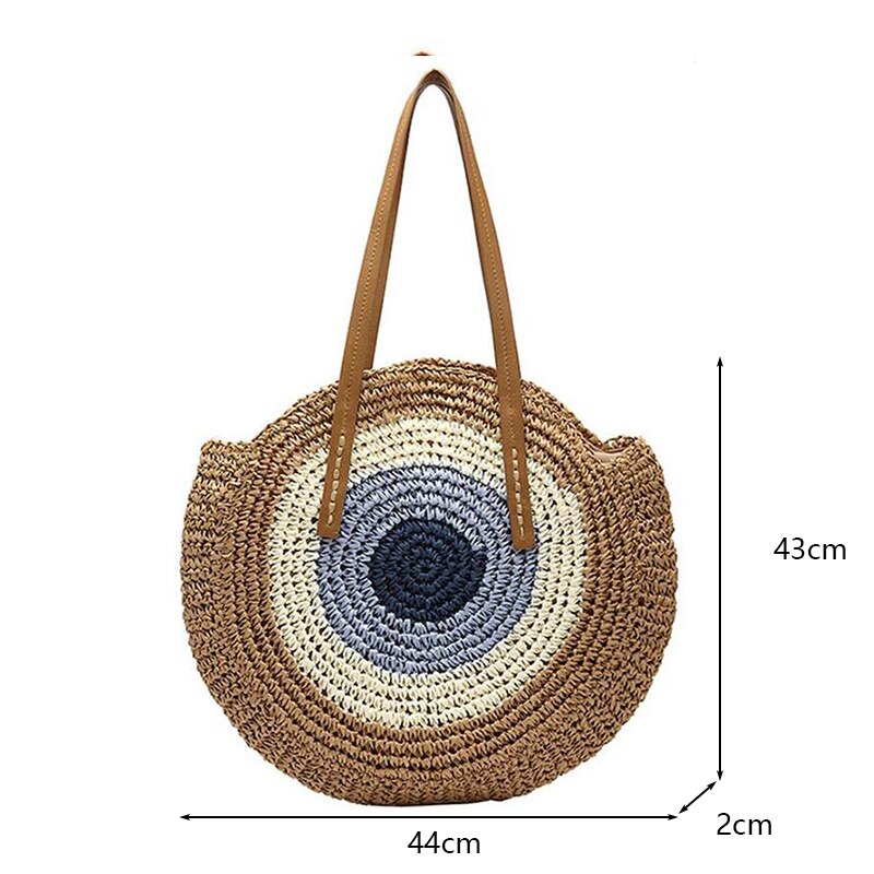 Ronde Stro Strandtas Vintage Handgemaakte Geweven Schoudertas Raffia Cirkel Rotan Zakken Bohemian Zomervakantie Casual Tassen: Stripes-light brown