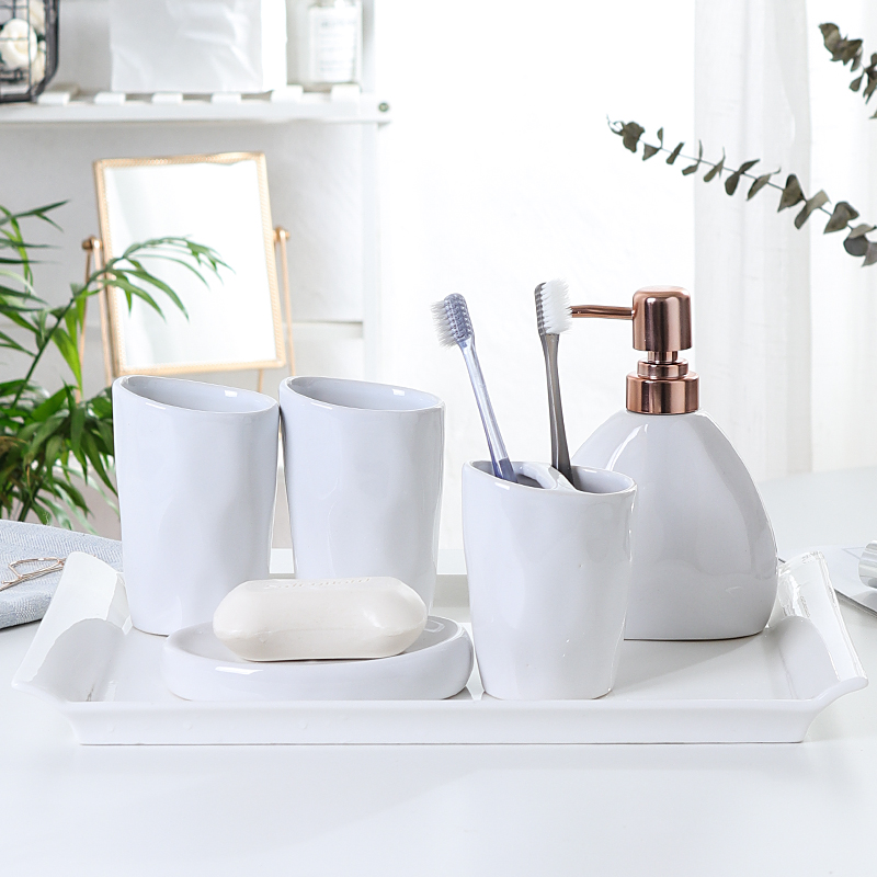White Ceramic Bathroom Set Press Emulsion Dispenser Container Toothbrush Holder Soap Bathroom Set Bathroom Decoration