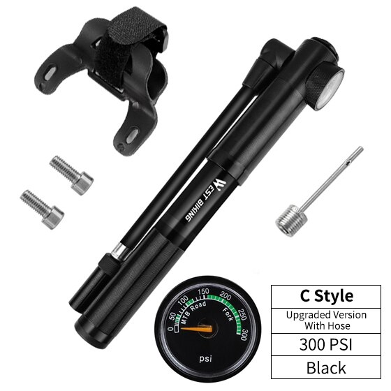 WEST BIKING Portable Bike Pump Gauge High Pressure Hand Pump Inflador Bicicleta Bike Accessories Schrader & Presta Bicycle Pump: C Style Black