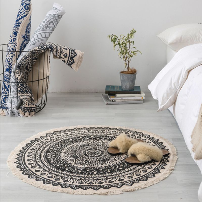 Marokko runde tæppe boho stil kvast bomuldsstof tæppe måttedør tæppe dekor  m68e: Middelalderlig kaffe