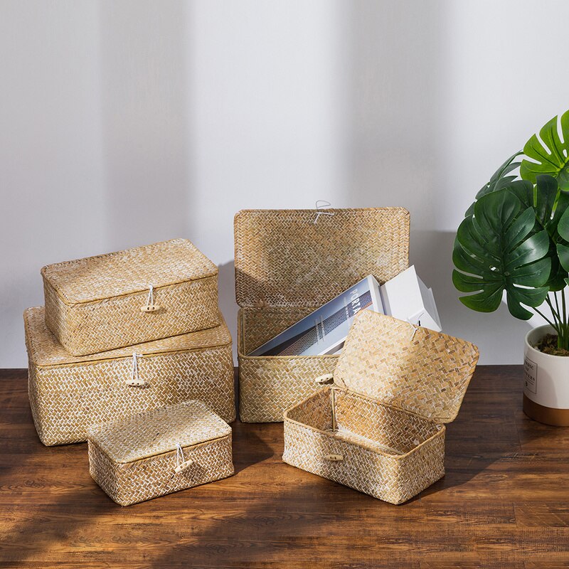 Rectangular Straw Storage Boxes with Lids Hand-woven Wicker Storage Baskets Home Storage Sundries Laundry Toys Box Organizer