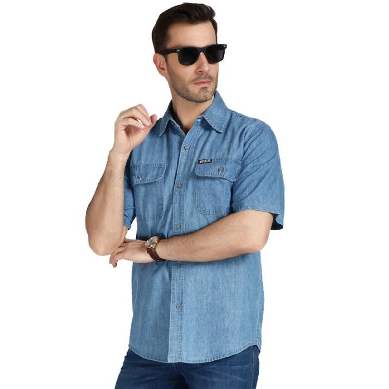 Plus size 3xl 4xl menn sommer denim skjorter kausal mannlige casual kortermede skjorter og topper sommer mann løse skjorter  a3605