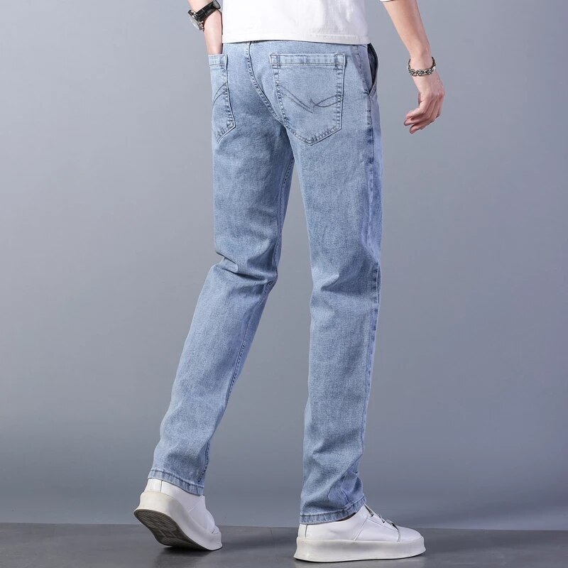 2022 Spring Summer Brand Fitted Straight Light Blue Thin Jeans Classic Zipper Pocket Men&#39;s Casual Lightweight Jeans