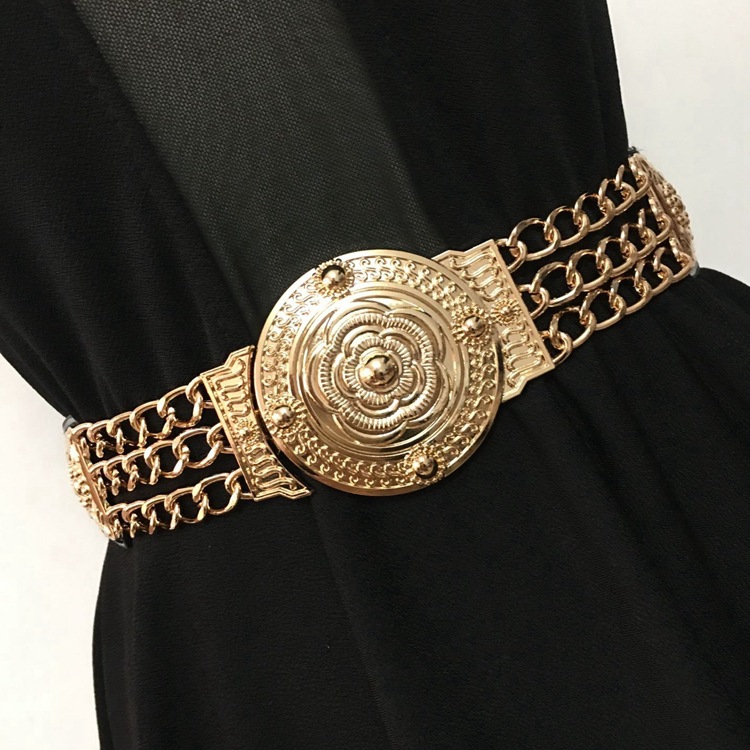 Women Flower Gold Belts Ladies Floral Elastic Metal Women Waist Belt For Dress Female Golden Chain Belt: black
