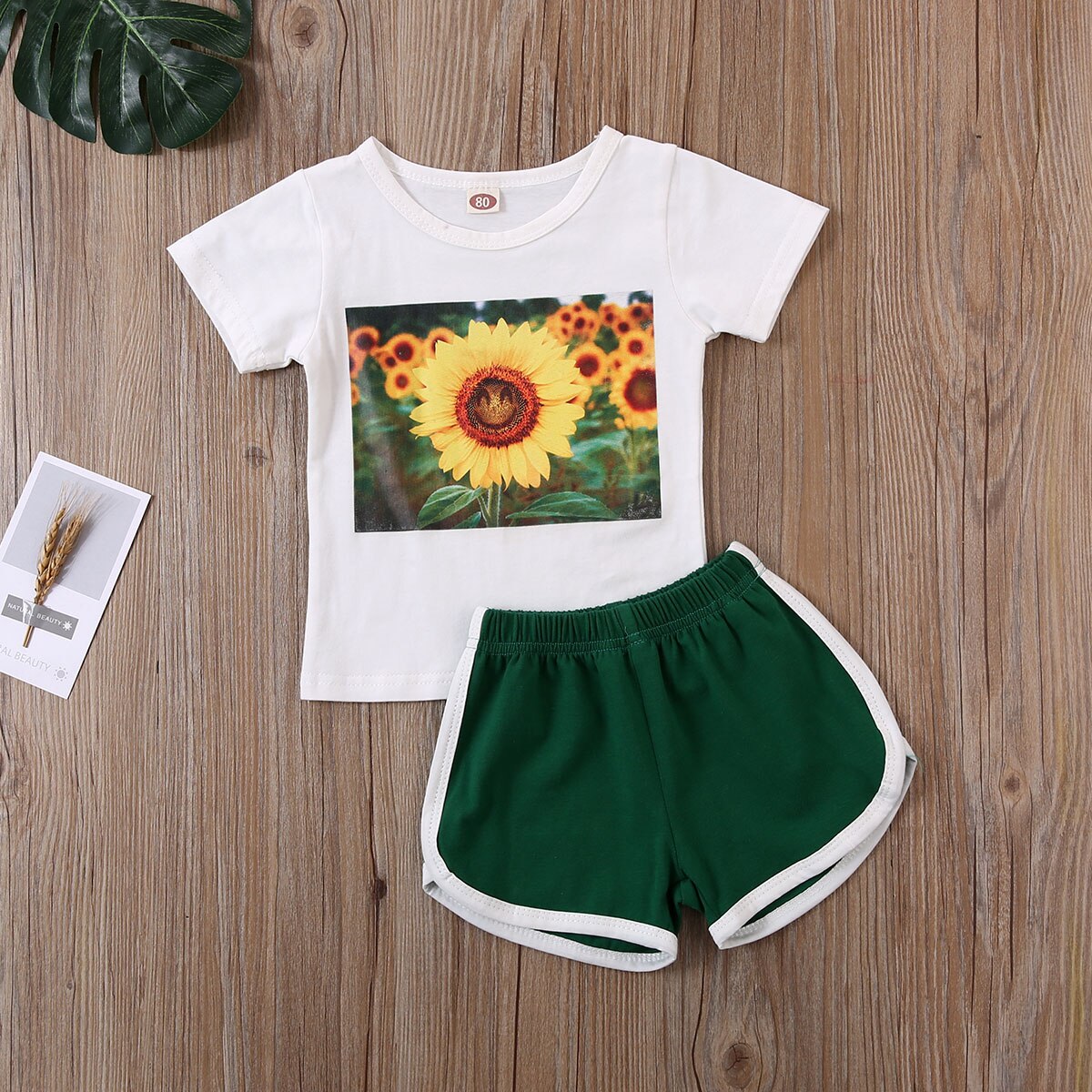 2-7y sommer toddler baby piger sports tøj sæt solsikker print korte ærmer t shirts toppe grøn shorts afslappet tøj