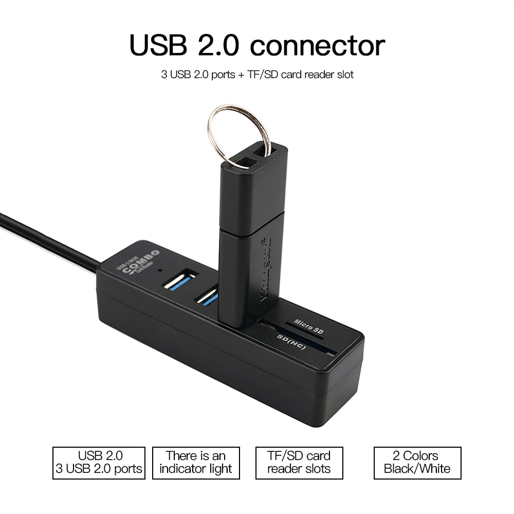 Usb-hub 2.0, multi-usb 2.0- hub, usb-splitter, hoge snelheid, 3 poorten 6 2.0 hb tf sd-kaartlezer, alles-in-één voor pc-computeraccessoires