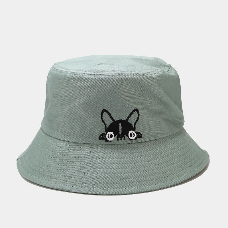 Gorro de pescador salvaje coreano, novedad de primavera-verano para mujer, sombrero de cubo con bordado de perro de dibujos animados, sombrero de Sol para pareja al aire libre: green