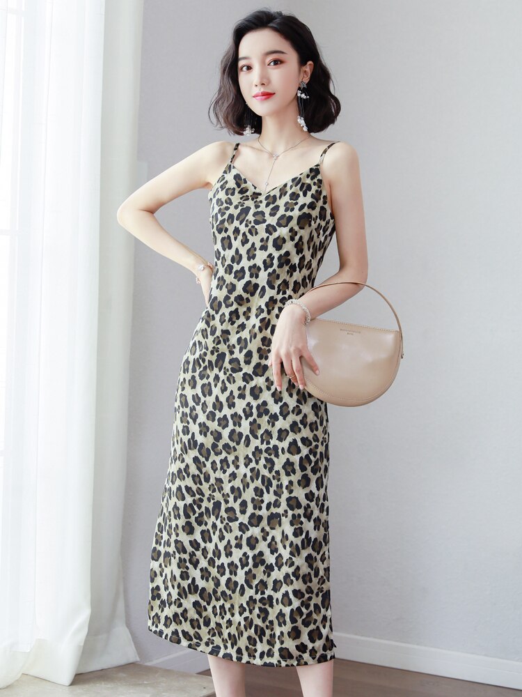 Vintage Leopard Print Side Folk Underdress Spaghtti Strap Women Full Slips Slim All-match V-neck Long Slips