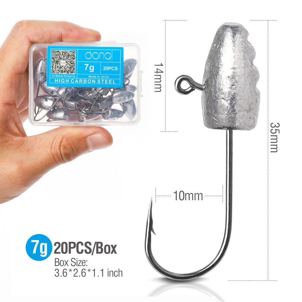 Donql 20 stk/ kasse med modhager fiskekroge bly jighoved fiskekrog til blød orm lokker 3g 5g 7g 10g karpe fiskekroge: 7g