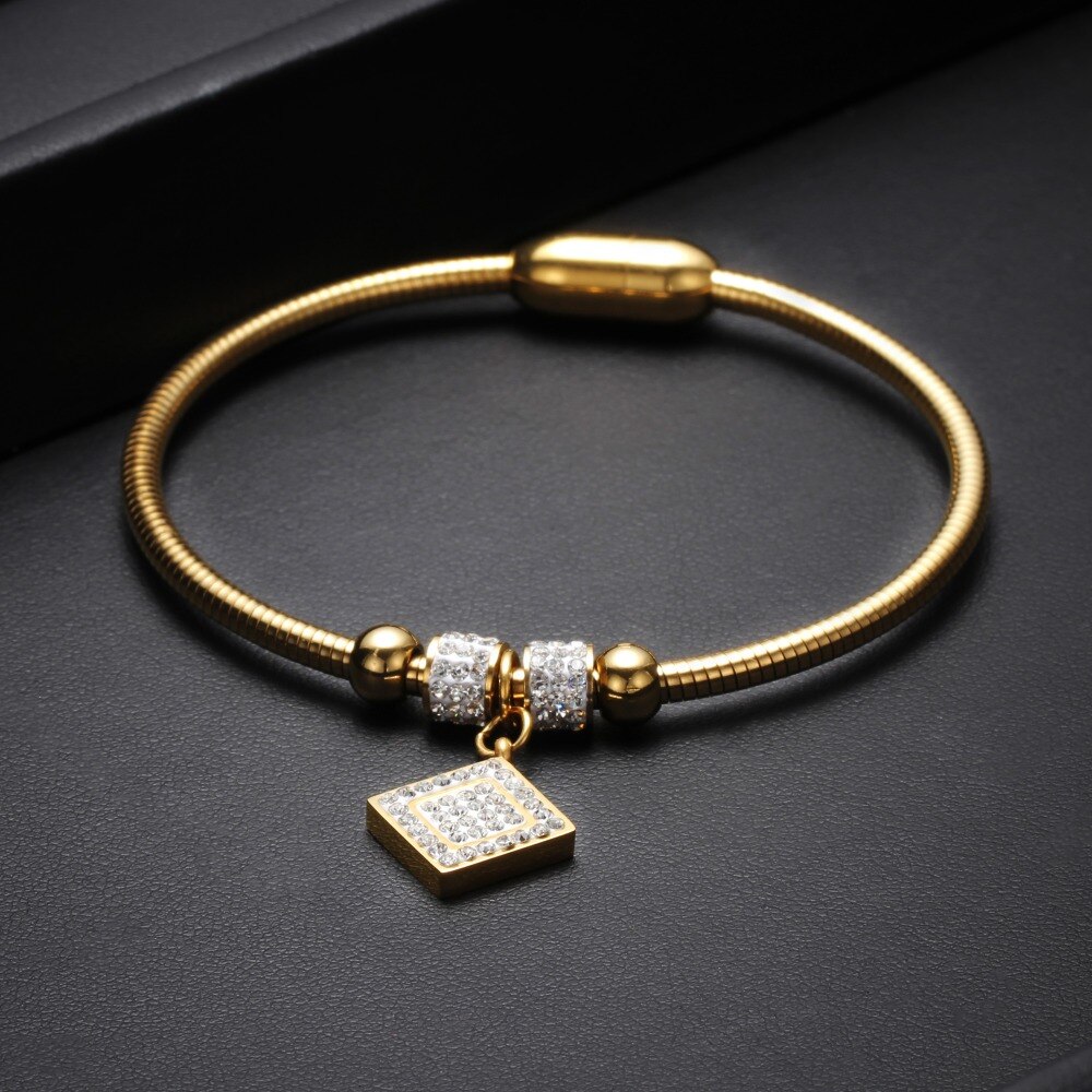 Square Crystal Bracelets Bangles Magnet Clasp With Snake Chain 316L Stainless Steel Wedding Jewelry Bangle for Women