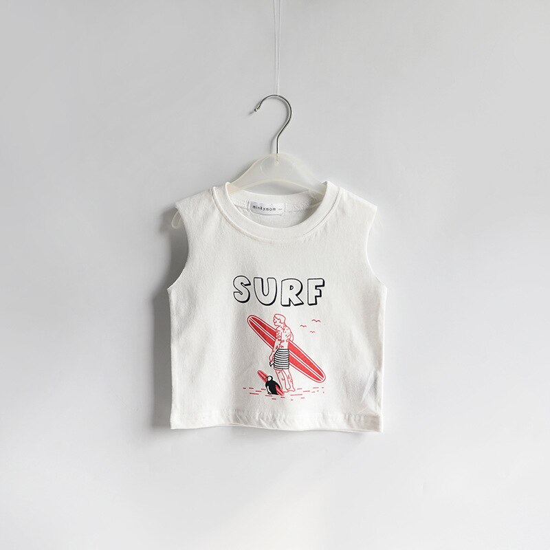 Baby Zomer Katoenen T-shirts Jongens Meisjes Mouwloos T-shirt Cartoon Gedrukt Surfen Vest Koreaanse Stijl Kinderen Kleding: WHITE / 12m