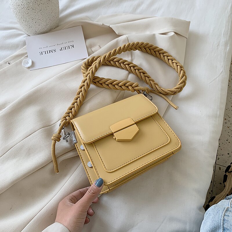 Solid color Square Crossbody bag PU Leather Women's Handbag Lock Shoulder Messenger Bag: Yellow