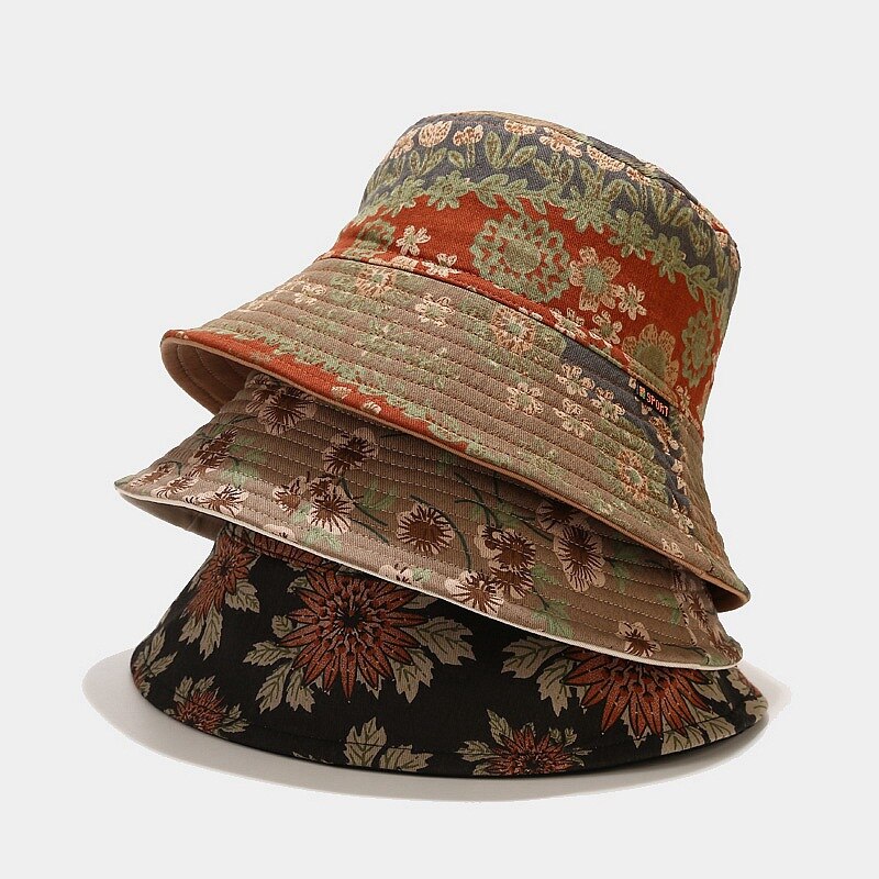 Bucket Hats Literary Retro Print Fisherman Cap Four Seasons Can Wear Sunscreen Cotton Sun Hat Basin Hat