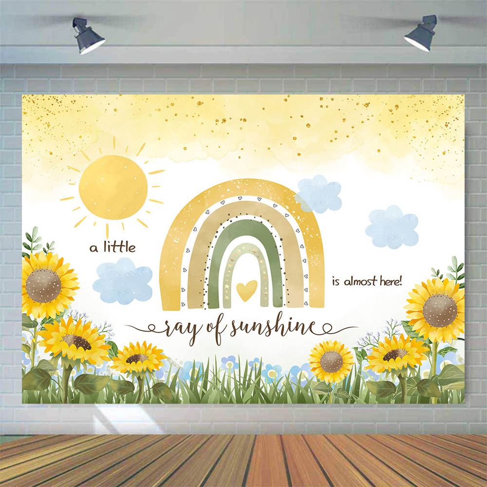 Mocsicka Boho Rainbow Baby Shower Background Sunflower A Little Ray of Sunshine is almost Here Backdrop Girl Welcome Party Decor
